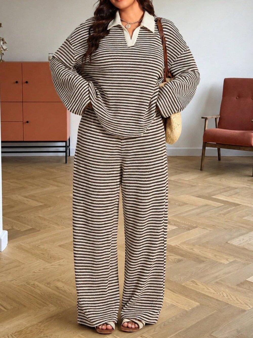 Multicolor Casual Women's Long Sleeve Top And Wide Leg Pants Set